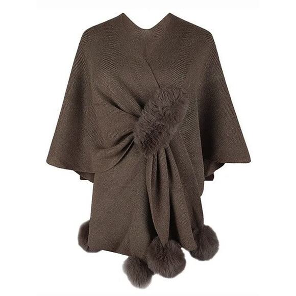 Women Brown Faux Fur Pom Pom Ball Shawl Cape - Picture 1 of 2